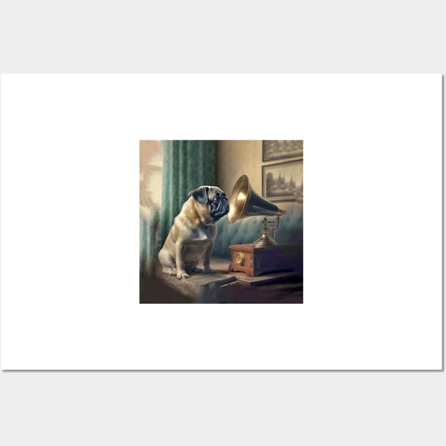 Pug Dog Listens To Grammaphone Music Wall Art by candiscamera